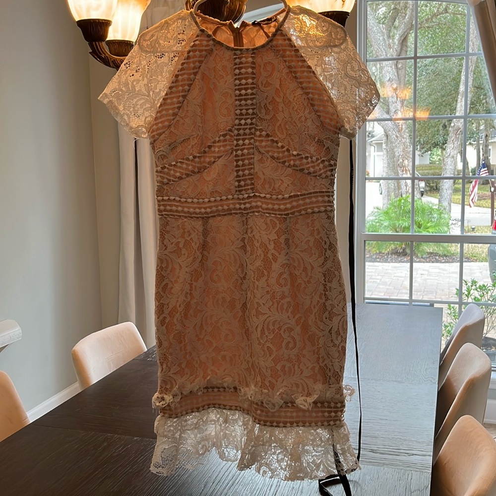 White with Beige lining midi, size 8 Pretty Little Thing lace dress.